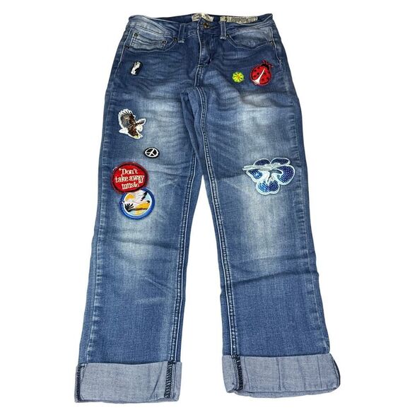 Indigo Rein Crop Jeans w/ Embroidered Patches | Y2K Boho | Size 5 - Picture 2 of 8